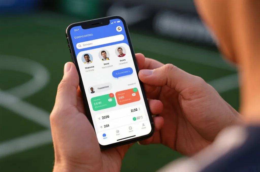 Hands holding a smartphone displaying a generic sports community interface with user avatars, chat bubbles, and match stats